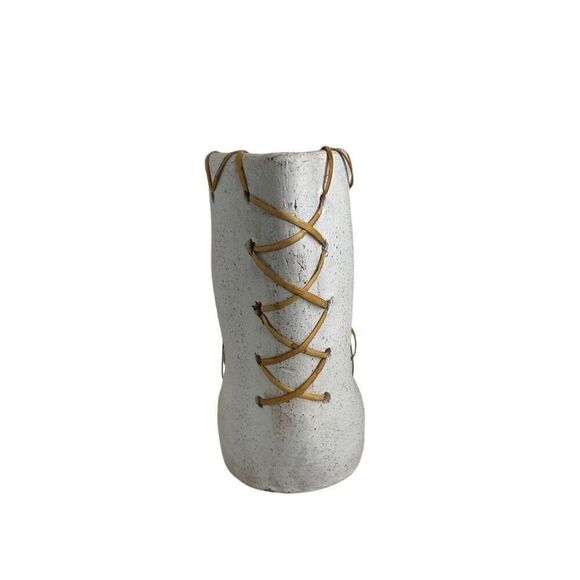 Vintage Minimalist Asian Pottery Vase 7 3/4" White Ceramic with Woven Rattan - Picture 4 of 10